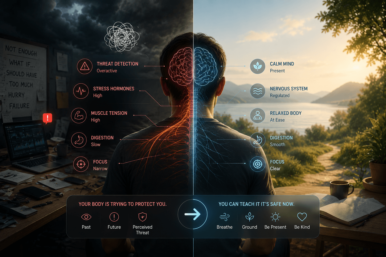 Split-screen of the same person from behind: on the left a dark, cluttered, stormy scene with an overactive red nervous system (threat detection high, stress hormones high, muscle tension, narrow focus); on the right a calm sunlit lakeside with a regulated blue nervous system (calm mind, relaxed body, clear focus). Caption: your body is trying to protect you — you can teach it it's safe now.