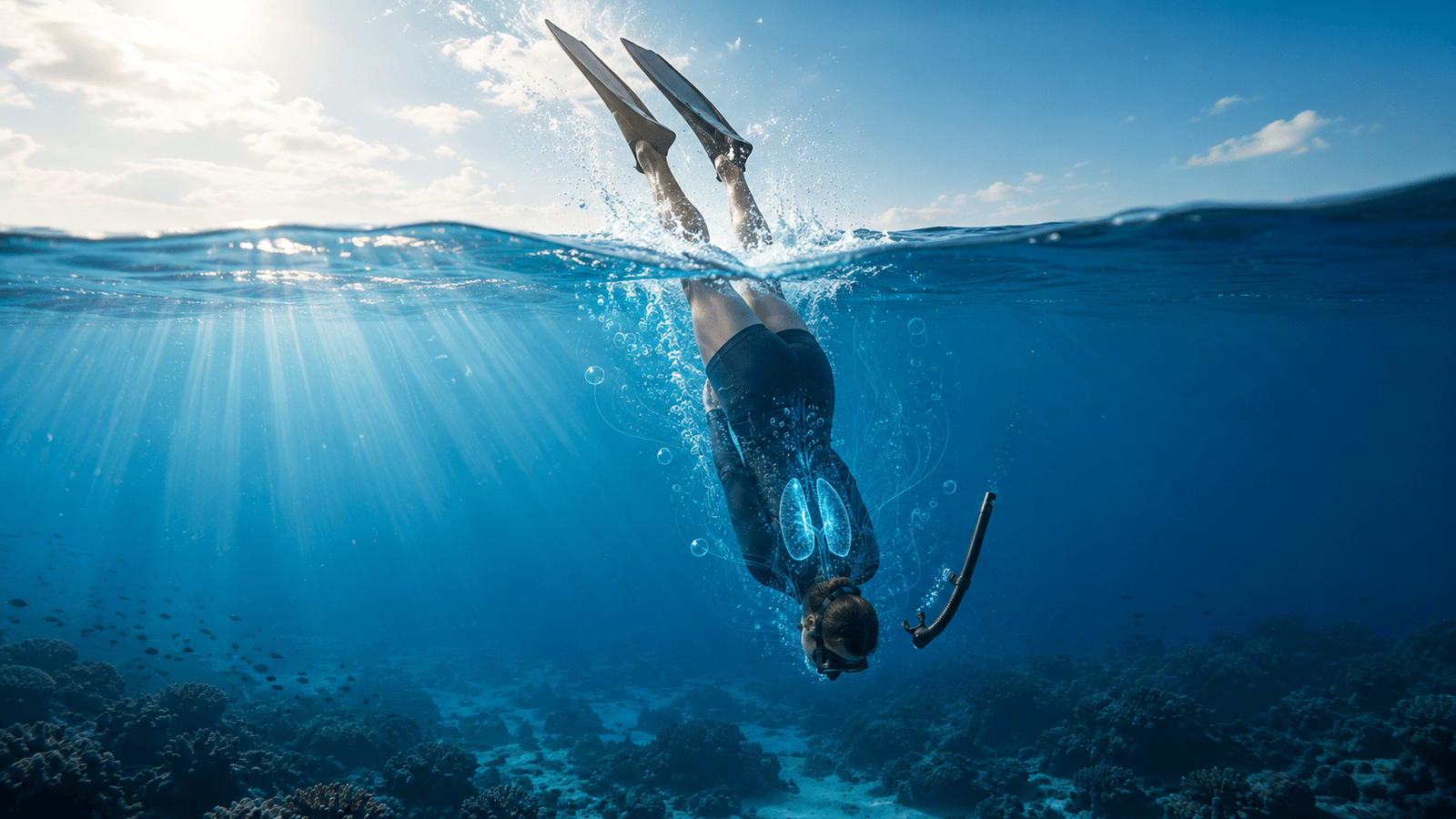A snorkeler duck-diving below the surface, snorkel trailing from the mouth