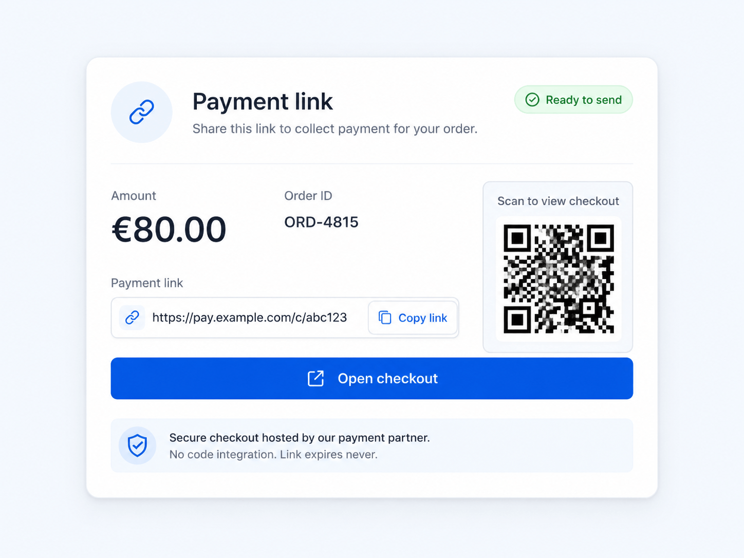 A no-code payment-link panel for an €80 order: a shareable checkout URL with a copy button, a QR code, and an 'Open checkout' button — the customer pays on the PSP's hosted page.