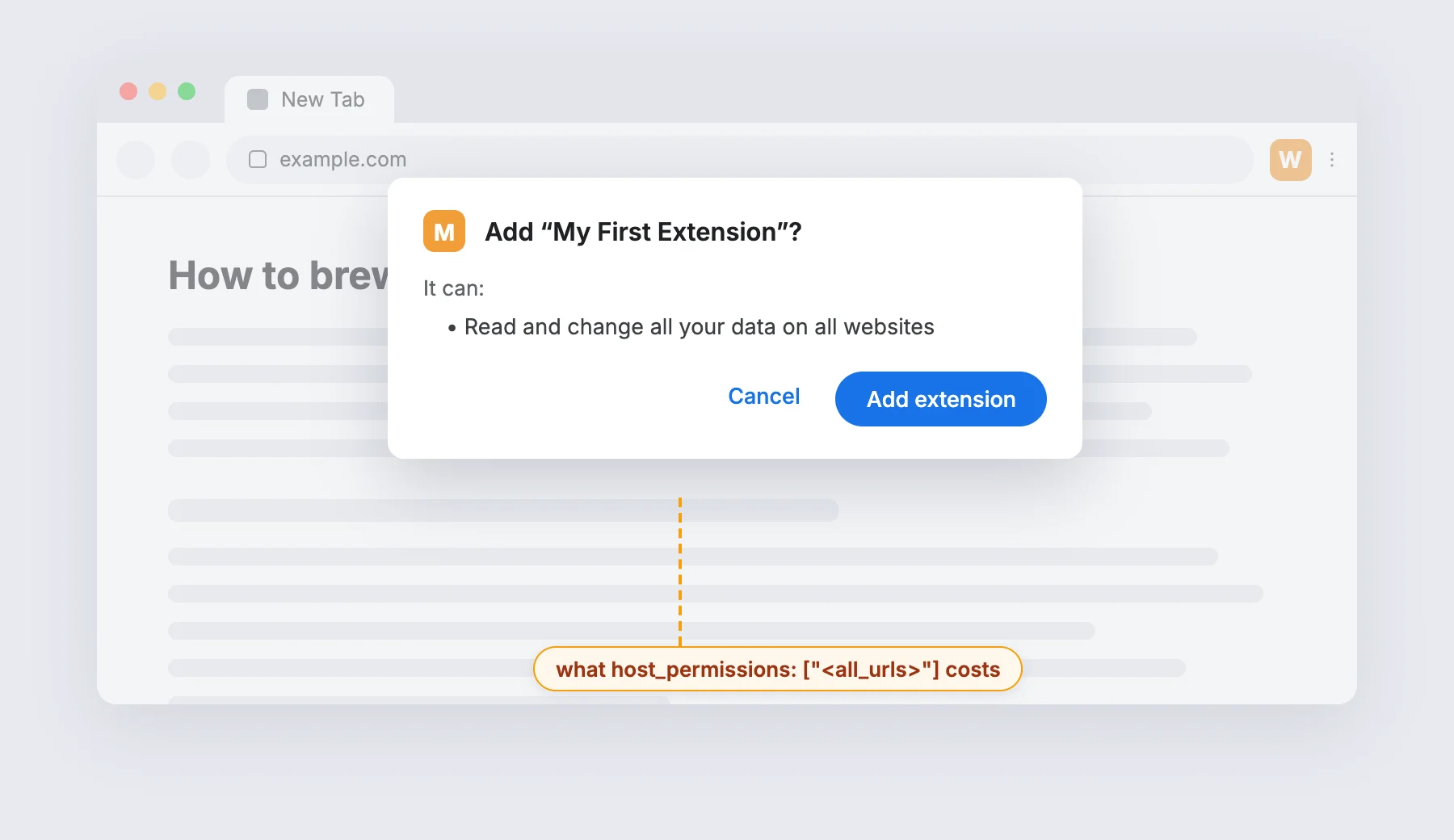 Simulated Chrome install dialog asking to add an extension that can read and change all your data on all websites