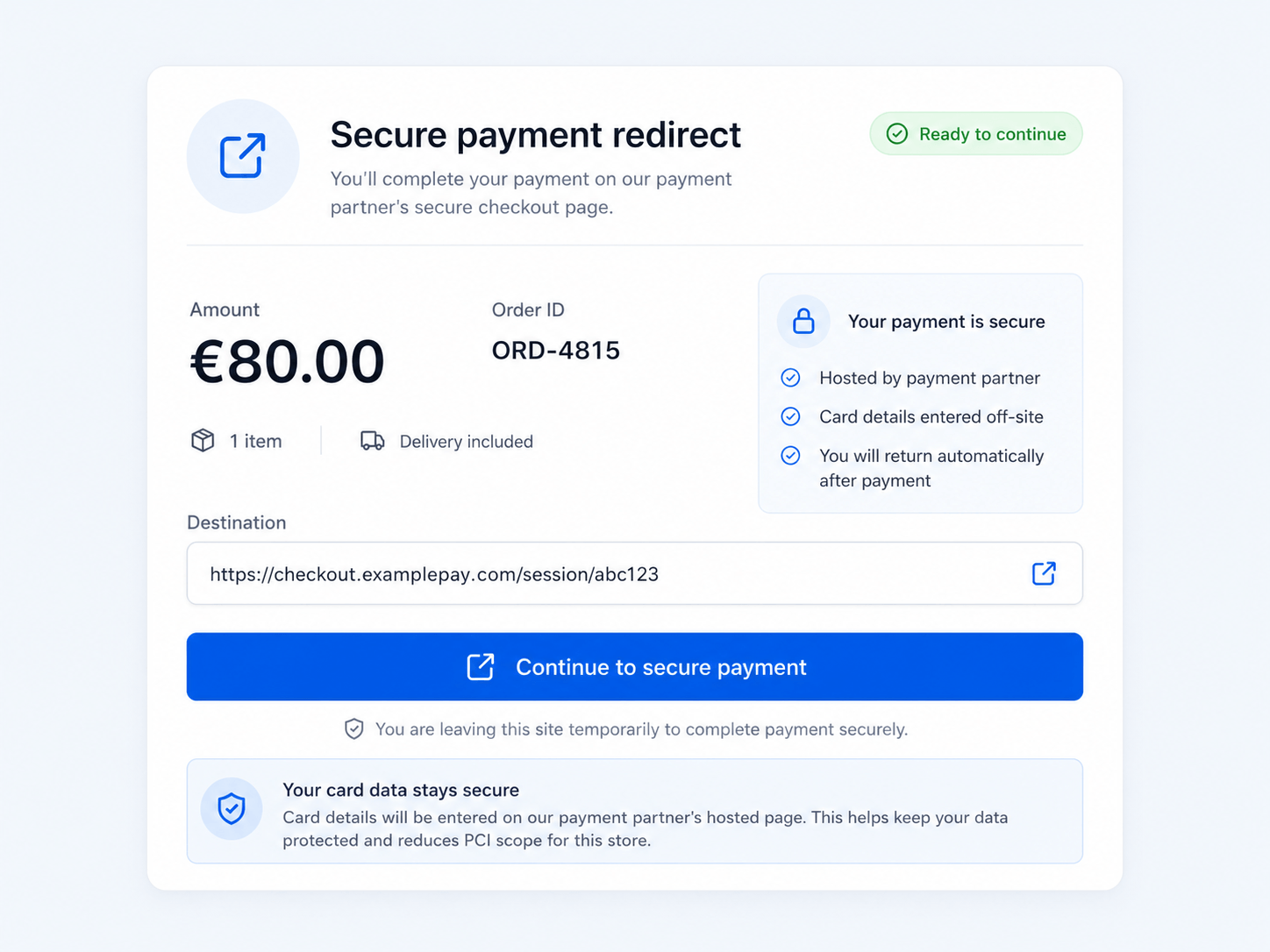 A 'Secure payment redirect' screen for an €80 order with a 'Continue to secure payment' button that sends the customer off-site to the PSP's hosted checkout — card details are entered off-site, reducing the store's PCI scope.